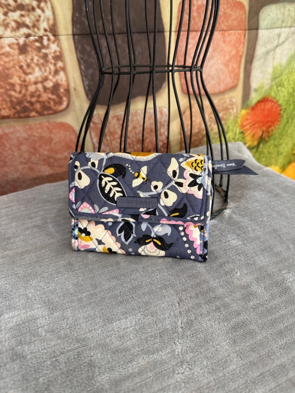 Vera Bradley Navy Quilted Floral Compact Wallet with Pink & Yellow